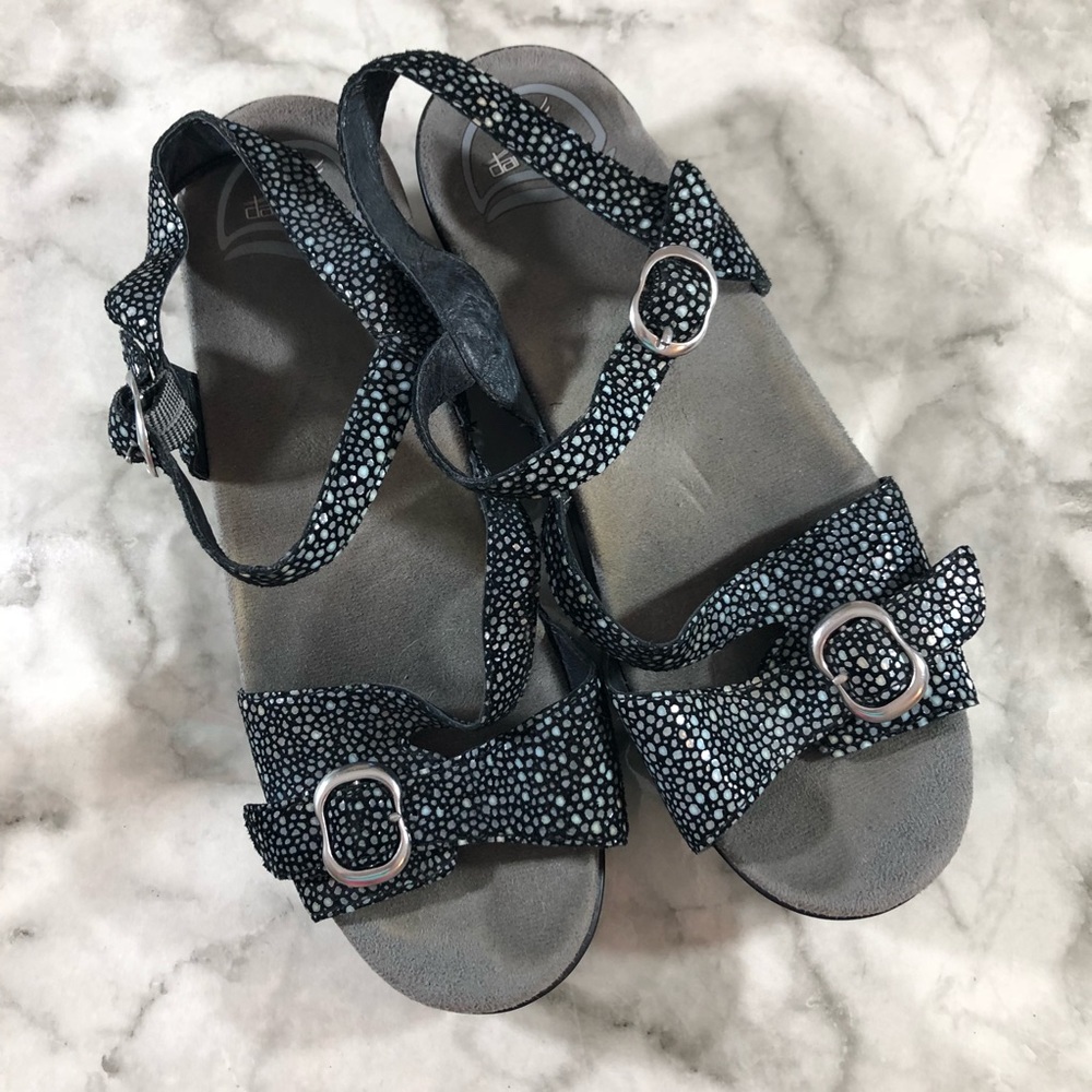 Dansko Sandi Black Shagreen Sandals, Size 39